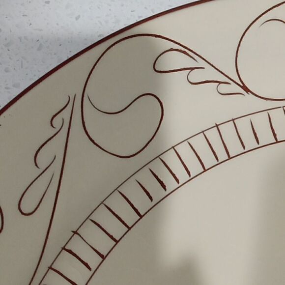 Pottery Barn cream & brown incised scroll Cabrerra design stoneware 14" … - Picture 2 of 4